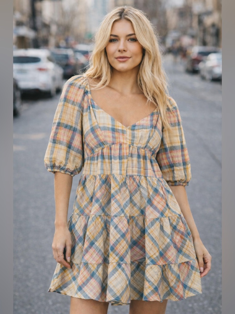 Anthropologie Drew Blue and Pink Plaid Puff Sleeve Tiered Dress S